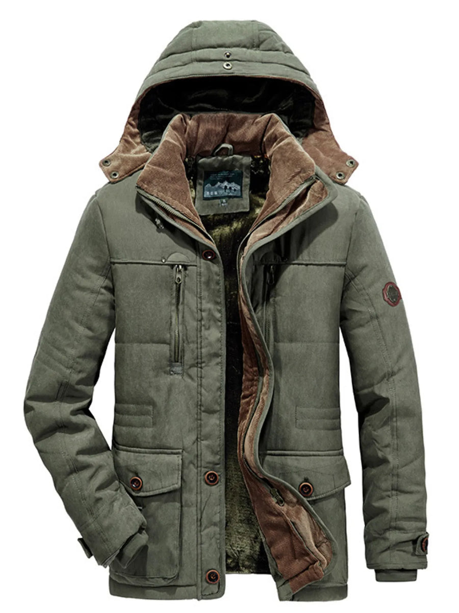 Khaki hooded parka with fur lining, buttoned front, and multiple pockets.