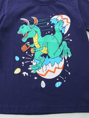 Navy cotton t-shirt with a green dinosaur hatching from an egg graphic and colorful Easter eggs.