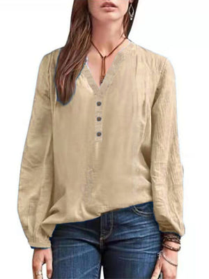 Apricot long-sleeve blouse with V-neck and button detail