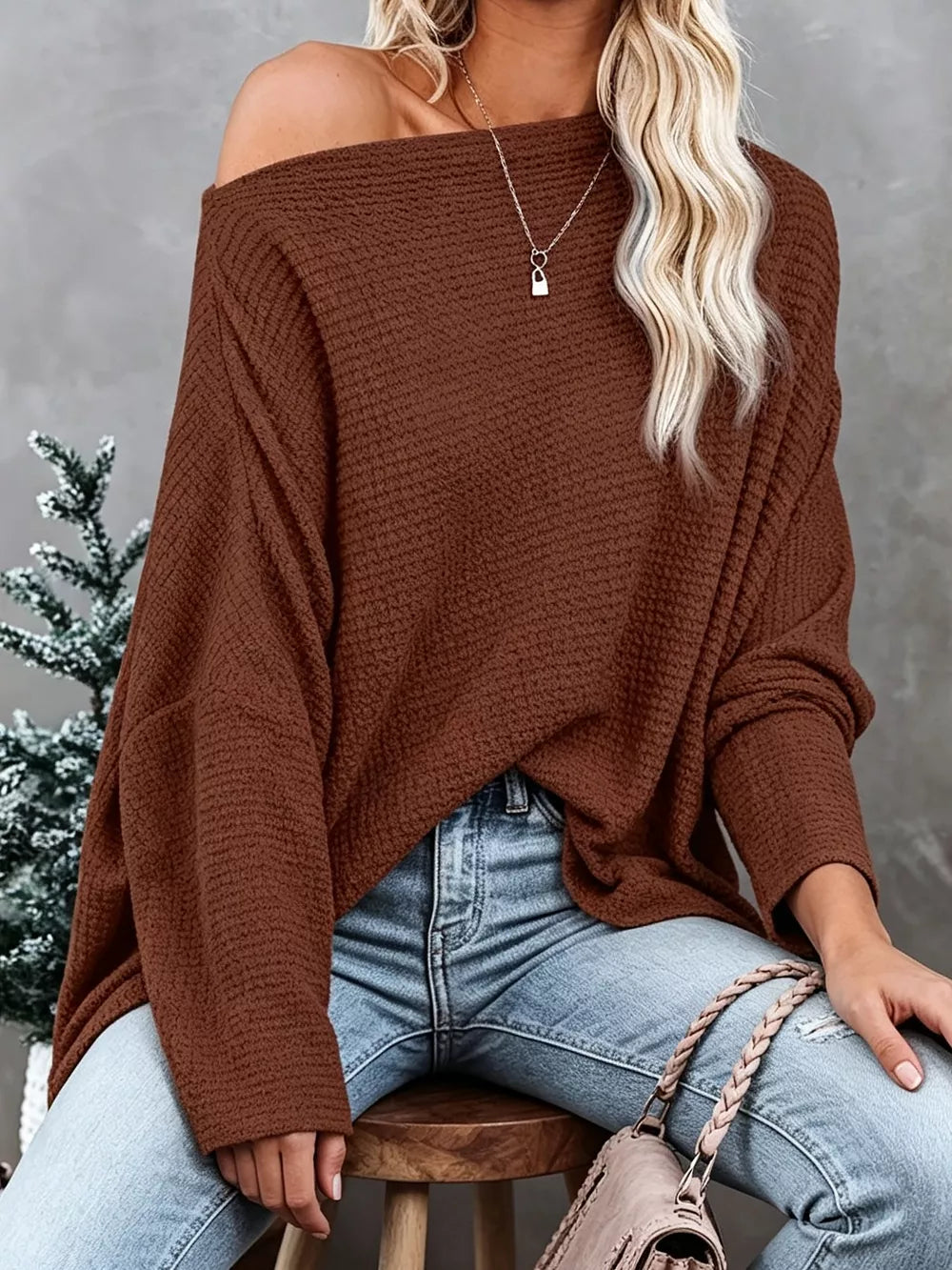 Gray One-shoulder Waffle Knit Top