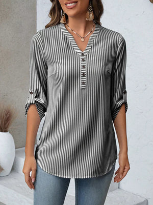 Vertical stripe V-neck blouse with roll-up sleeves and button detail