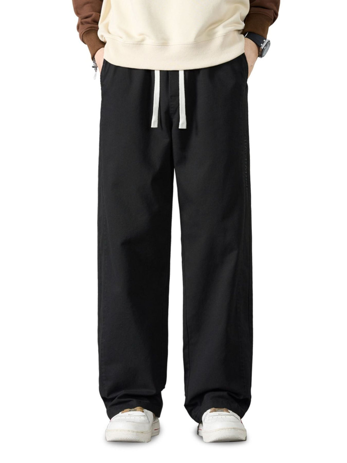 wide-leg pants in Khaki with drawstring waist and full-length