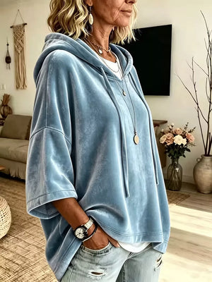 Black Velvet Loose Fit Hoodie With Drawstring