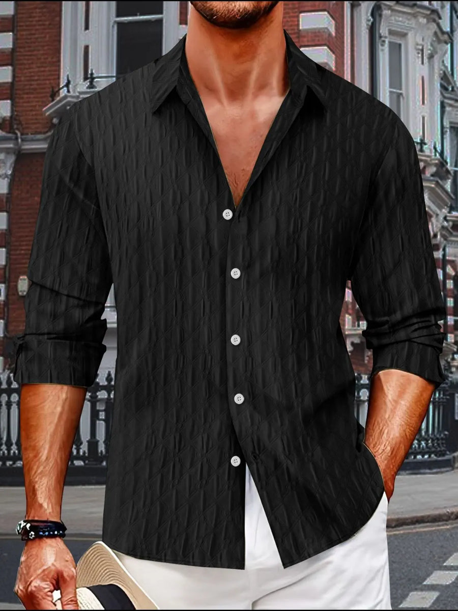 Black textured weave relaxed fit button-down shirt with white buttons