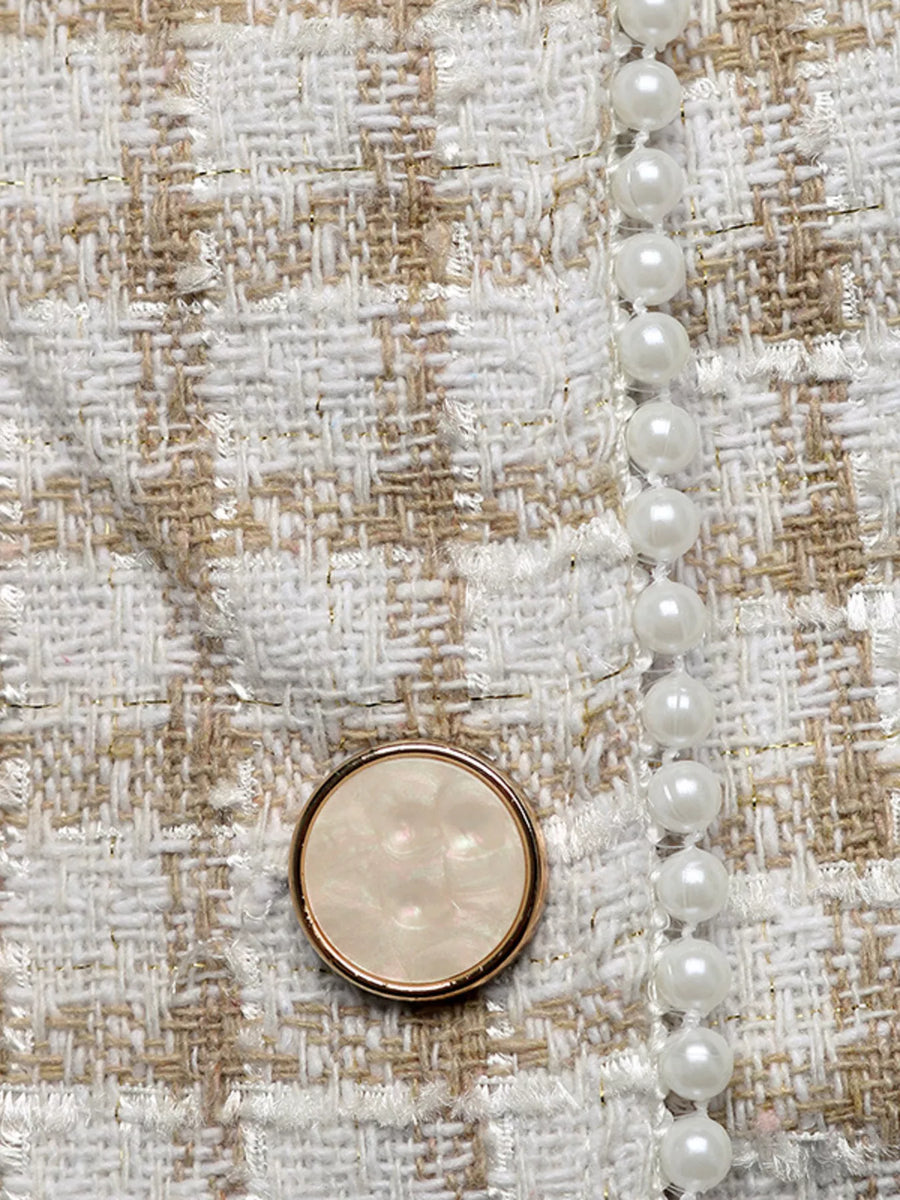 Pearl trim tweed button up jacket in apricot with gold button detail.