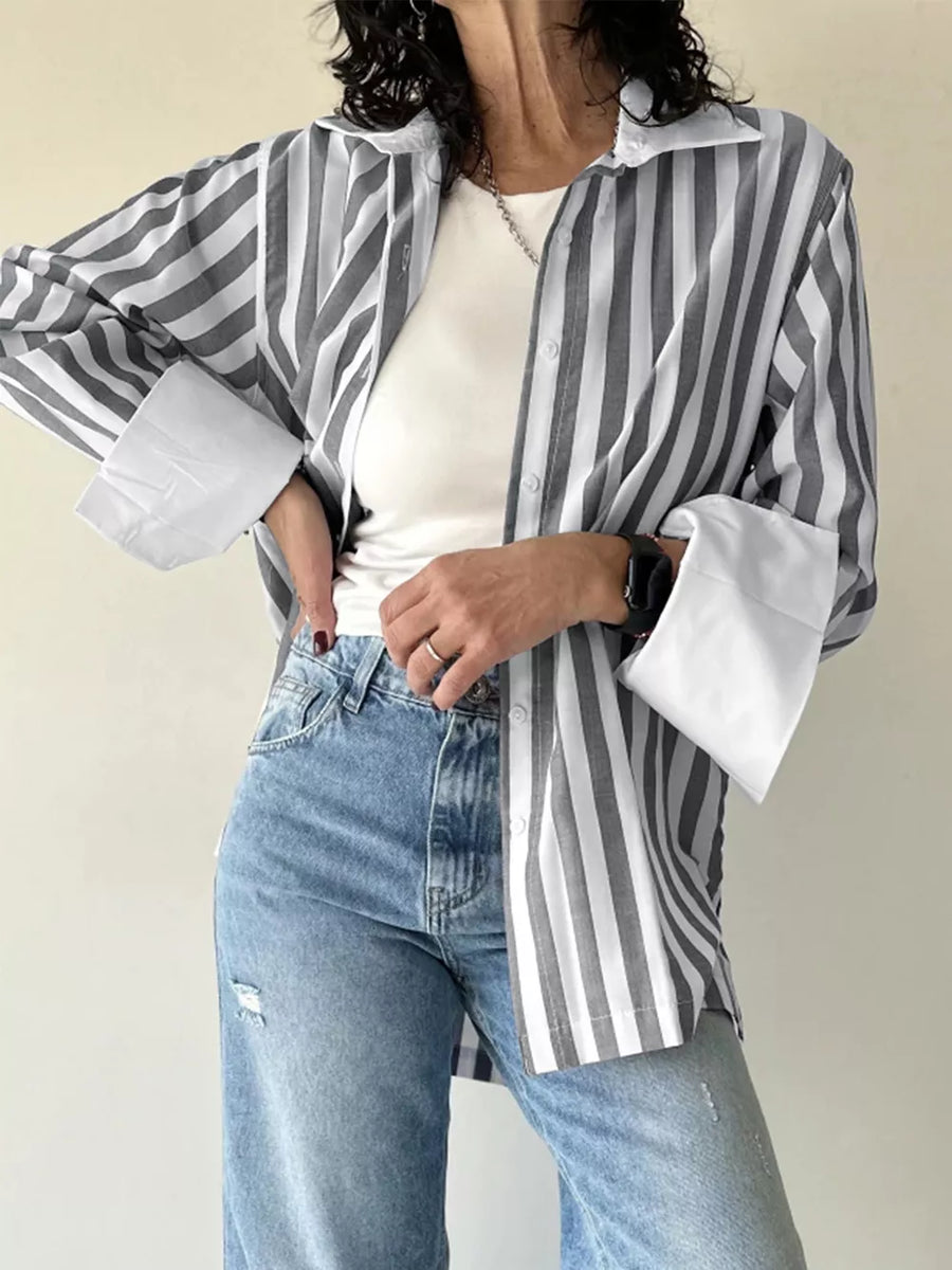 Gray with Striped Button-up Long Sleeve Shirt in Gray