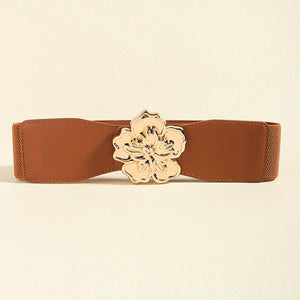 Caramel stretch belt with gold floral buckle accent