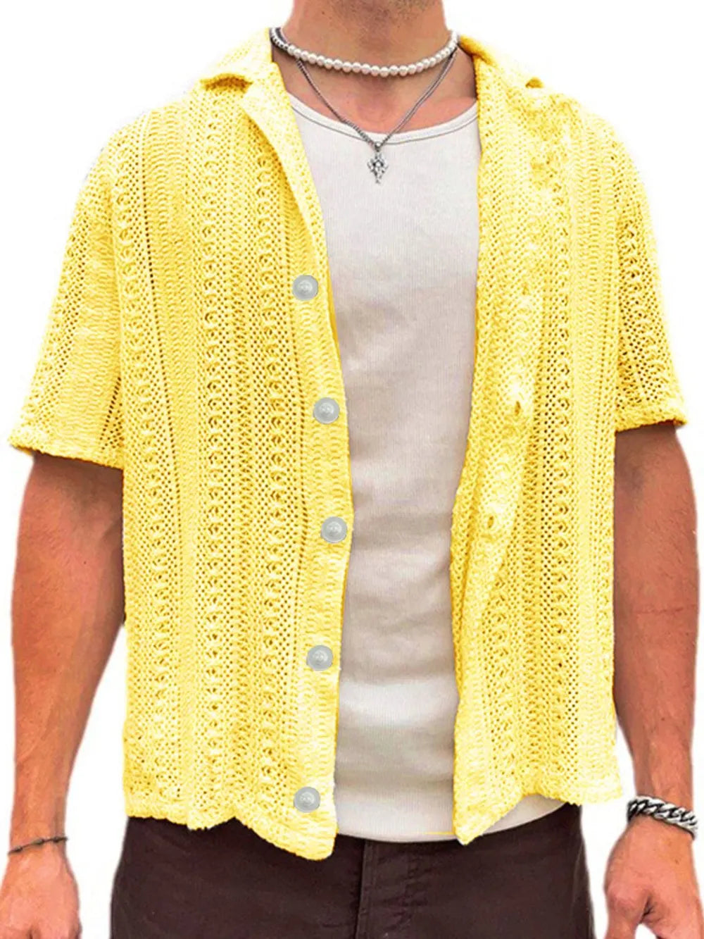 Yellow open-knit resort shirt with button-down front and short sleeves.