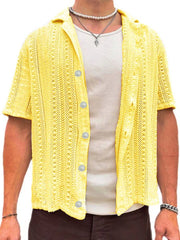 Yellow open-knit resort shirt with button-down front and short sleeves.