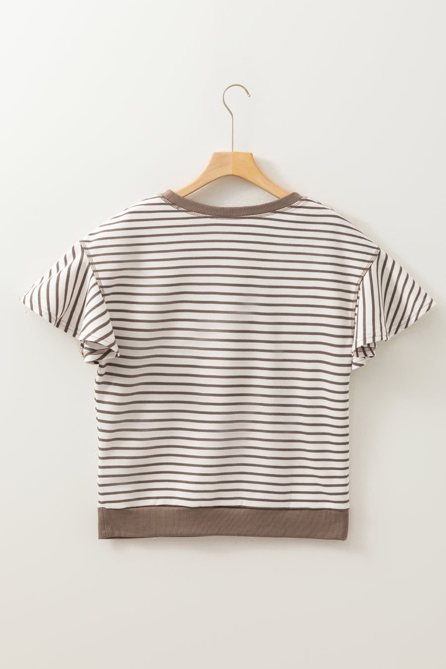 Brown striped tee with contrast neckline, cuffs, and flounce sleeves.
