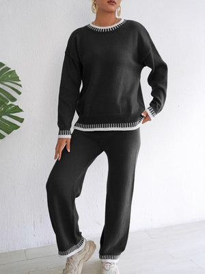 sweater and pants set in camel with contrast trim and full-length