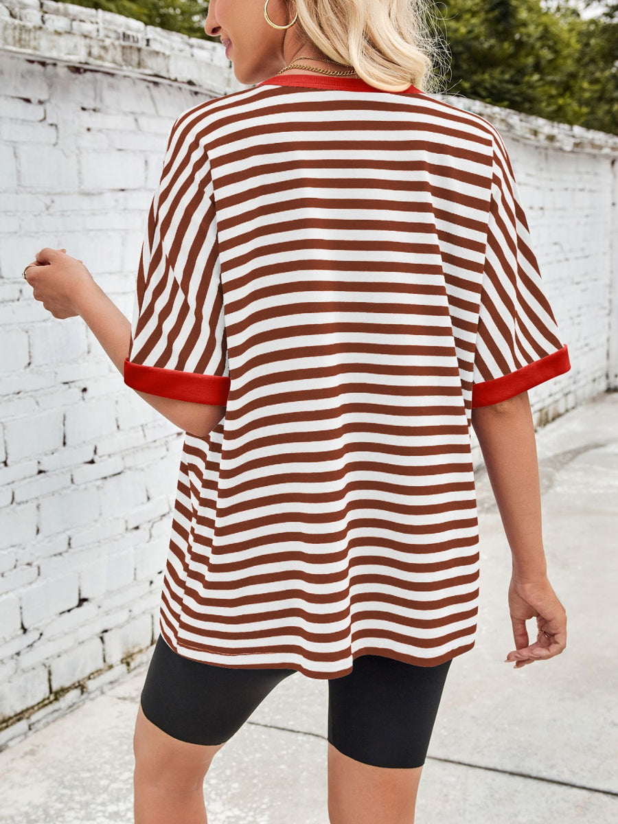 Striped Breton tee in rust and white with red trim.