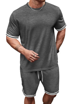 Men's grey t-shirt and shorts set with striped cuffs and hem