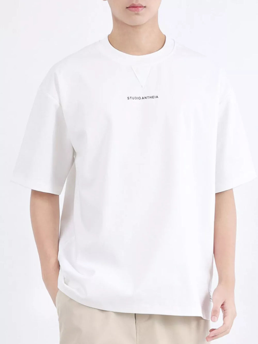 White cotton blend crew neck t-shirt with embroidered logo detail