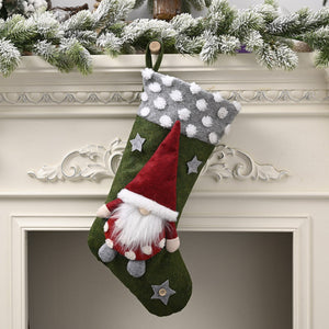 Dark Green felt stocking with gnome applique, polka dot cuff, and star accents.