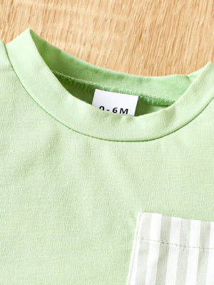 Light green cotton baby tee with striped pocket detail