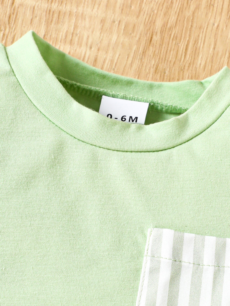 Light green cotton baby tee with striped pocket detail