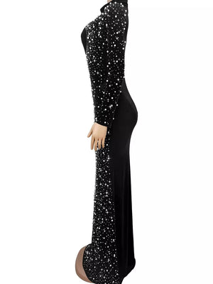 glam formal gown in black with mock neck