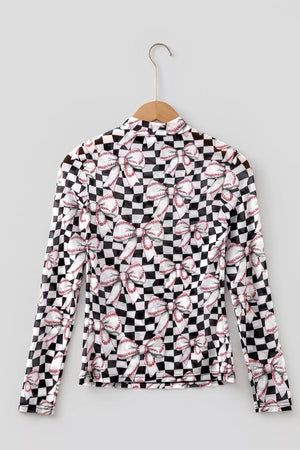 Black with Checkered Baseball Bow Print Mesh Top