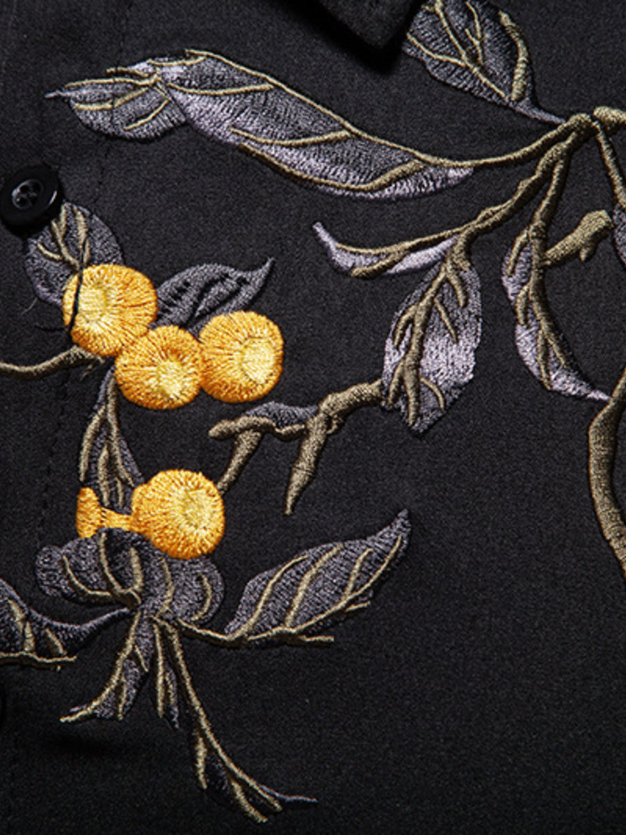 Black cotton undershirt with embroidered floral and fruit detail.