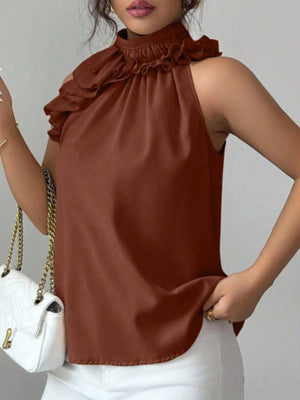 Ruffled high neck sleeveless top in Red