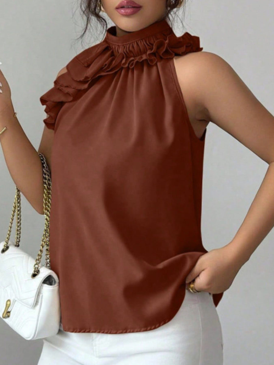 Ruffled high neck sleeveless top in Red