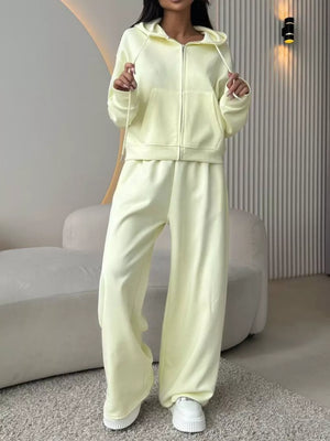 Zip-up Hoodie And Wide-leg Pants Set in Apricot with drawstring