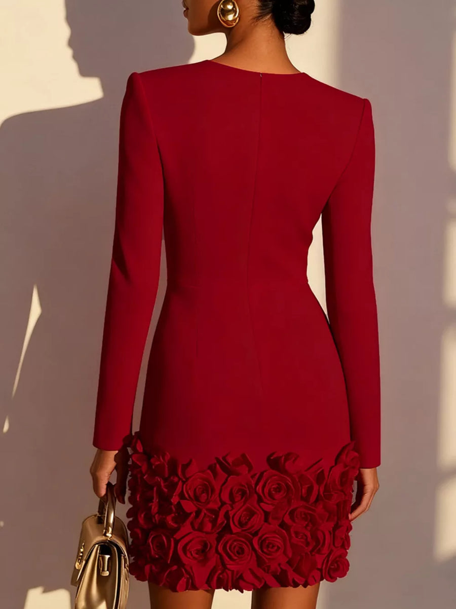Burgundy with V-neck Mini Dress With Rose Embellishment