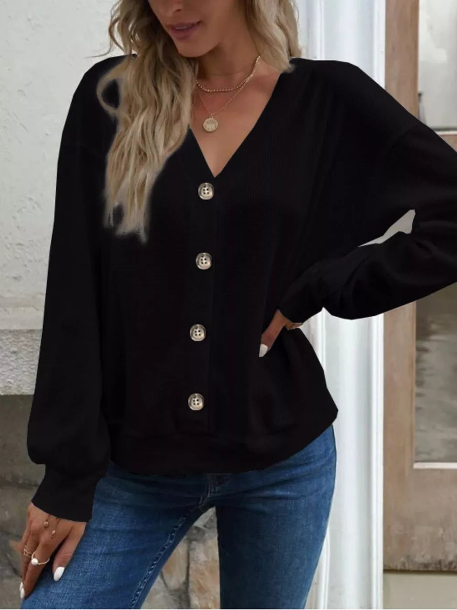 Khaki Casual V-neck Waffle Long Sleeve Top