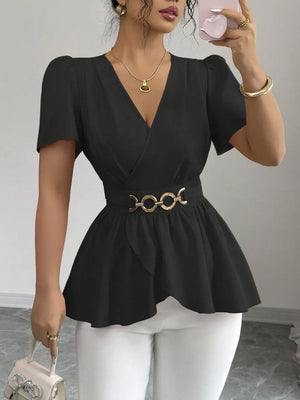 Black polyester surplice blouse with short puff sleeves and gold ring belt detail.