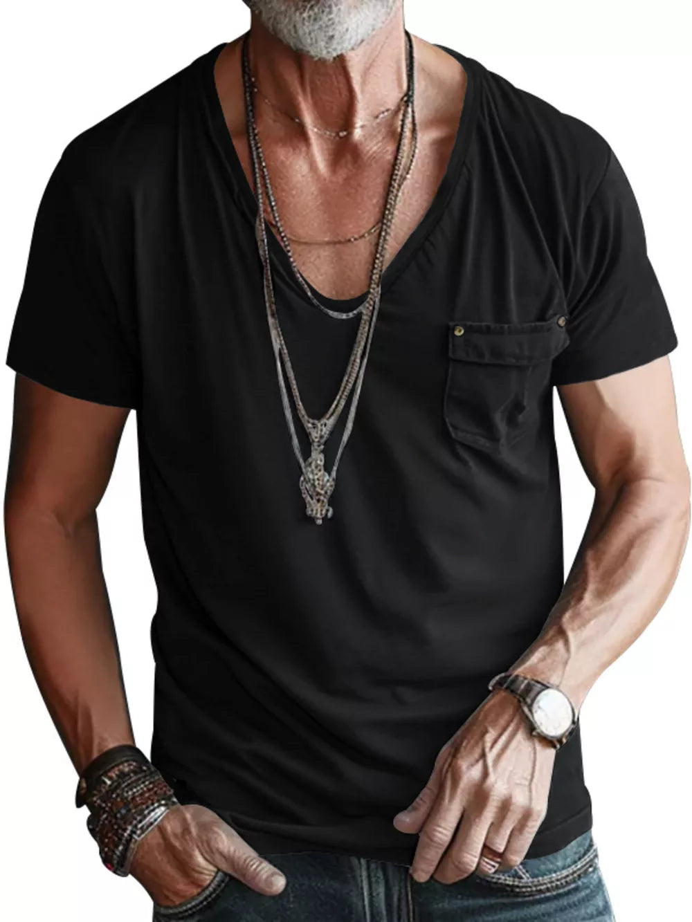 Black Men's Full Size V-neck Pocket T-shirt