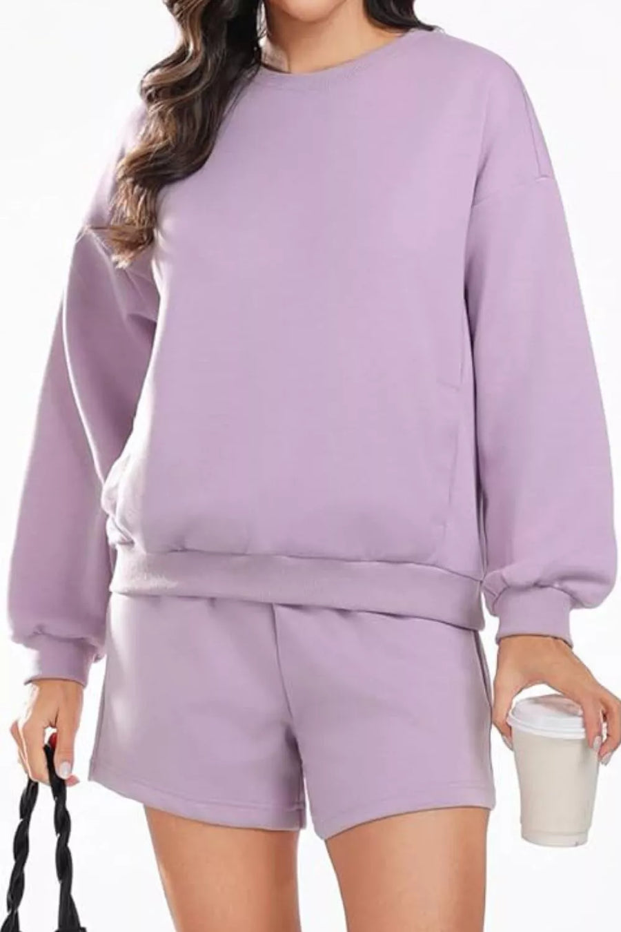Cozy two-piece sweatshirt set in Pink Purple, featuring a crewneck sweatshirt and drawstring shorts.