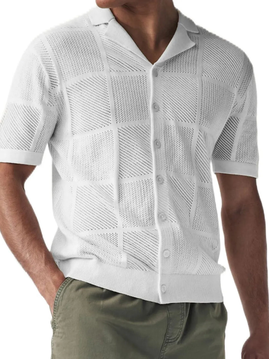 Ivory geometric knit polo shirt with button front and spread collar.