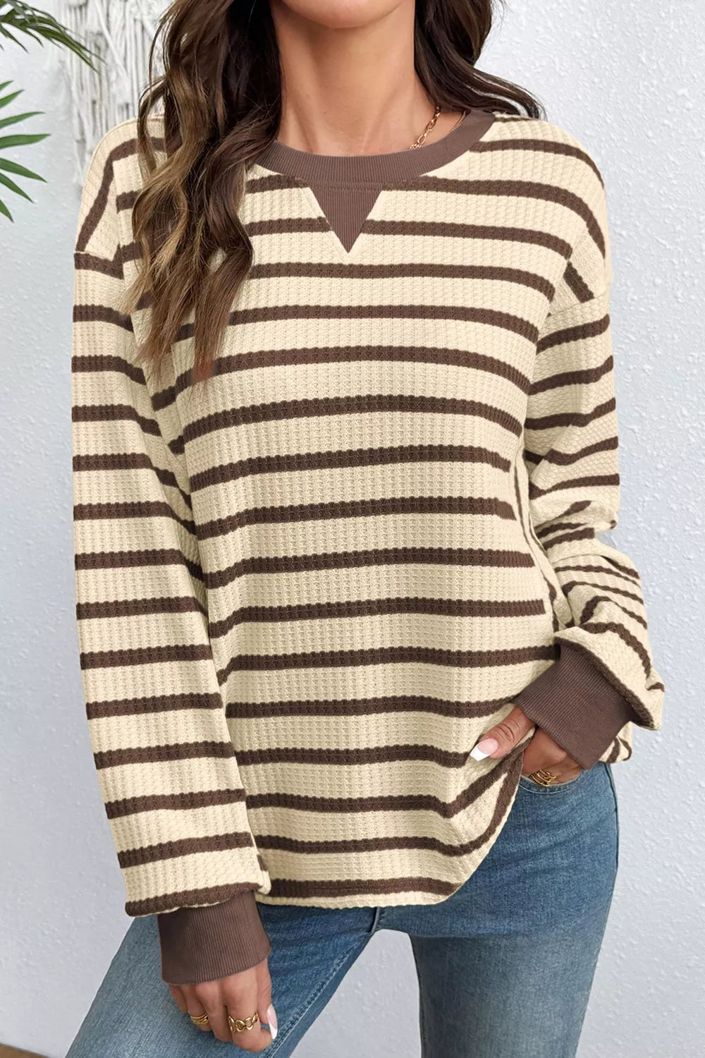 Beige Stripe Patchwork Ribbed Cuff Pullover Sweatshirt