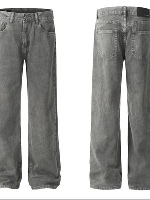 Acid Wash Wide-Leg Denim Trousers in gray