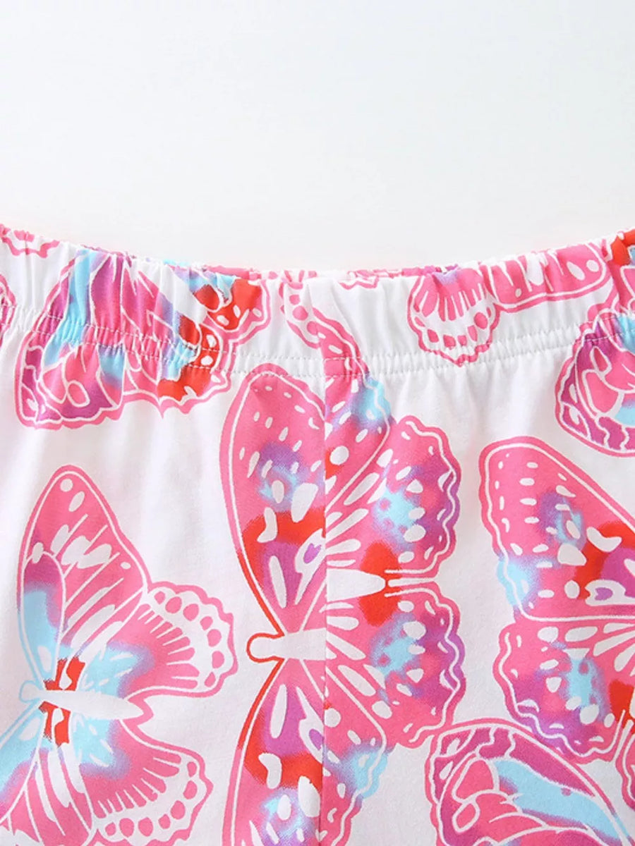 Toddler cotton set with pink, blue, and red butterfly print and elastic waistband.