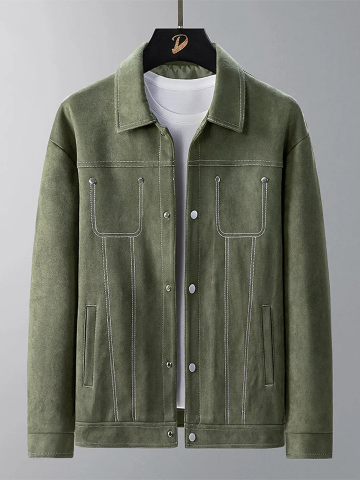 Army green trucker jacket with white contrast stitching and snap buttons.