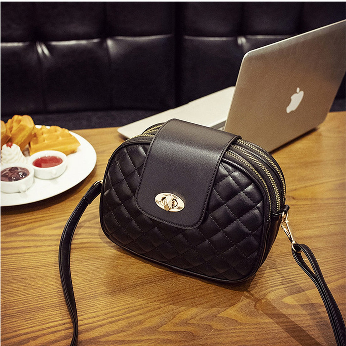 black PU Leather Imported Size &amp crossbody bag with quilted and turn-lock, zip