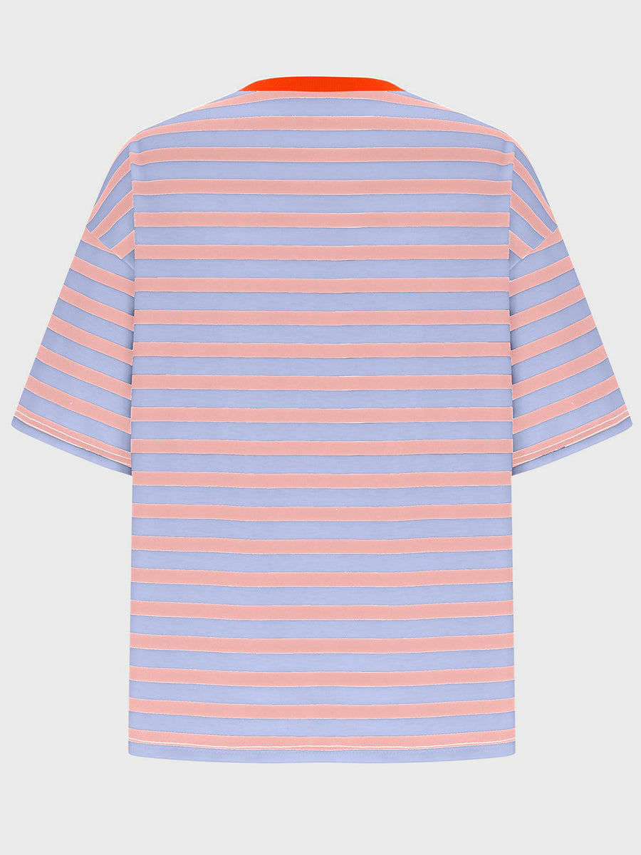 Oversized striped tee with dropped sleeves in light blue and fuchsia pink, featuring an orange neckline.
