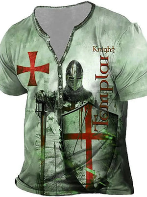 Men's Henley T-shirt in Dusty Pink with knight graphic and Templar cross.