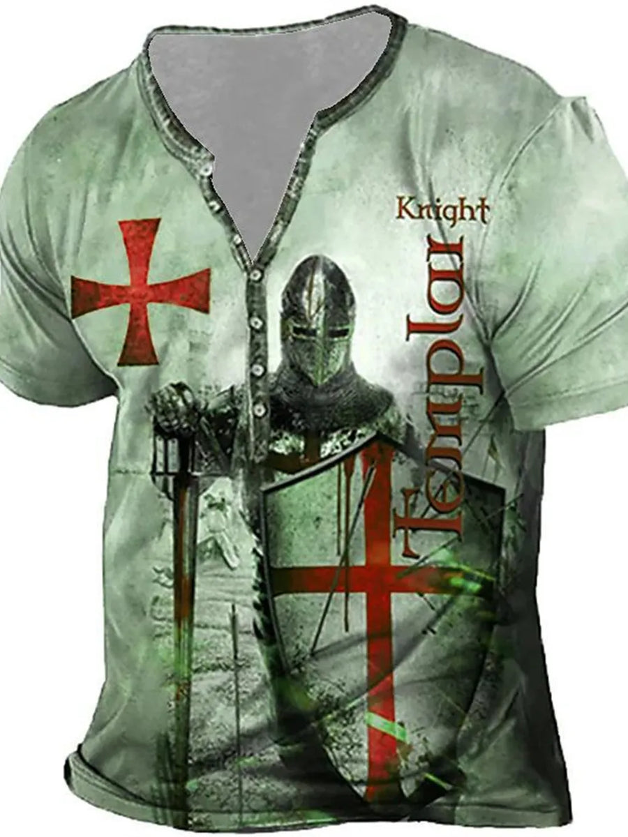 Men's Henley T-shirt in Dusty Pink with knight graphic and Templar cross.