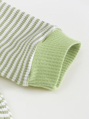 Children's green and white striped polo shirt sleeve with waffle knit cuff