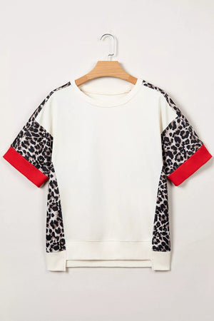 Leopard Patchwork Uneven Hem Short Sleeve Top in this colorway