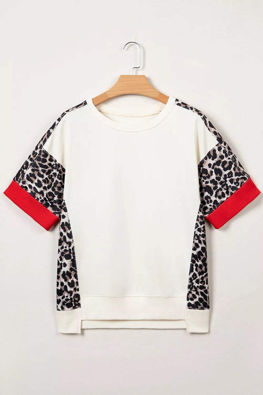 Leopard Patchwork Uneven Hem Short Sleeve Top in this colorway