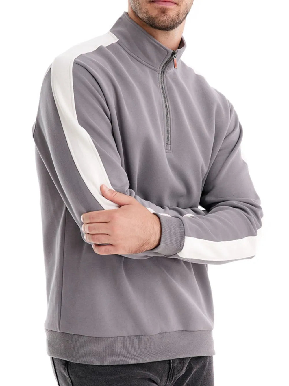 Gray quarter-zip sweatshirt with white shoulder and sleeve panel details.