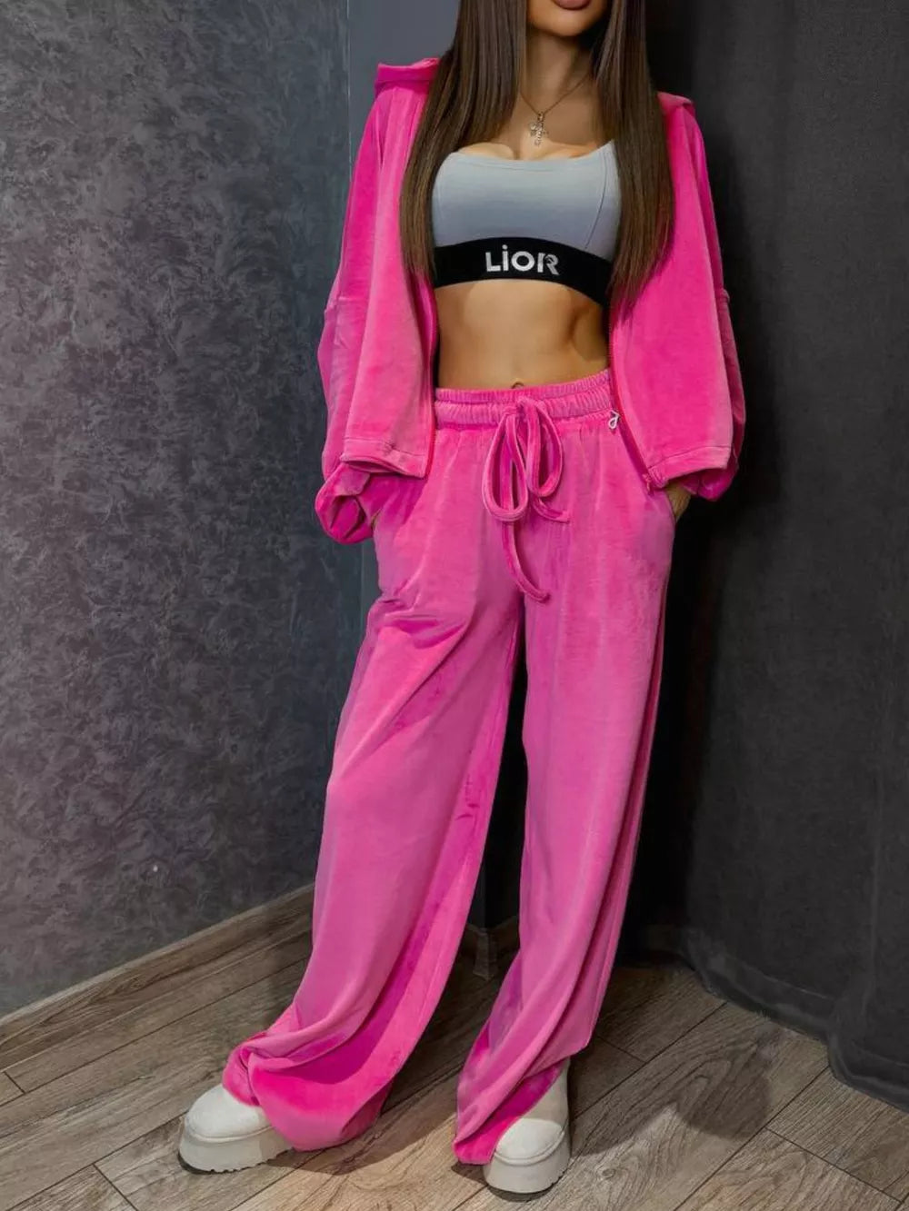 Apricot Zip Up Cropped Outerwear And Pants Set