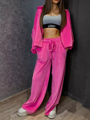 Apricot Zip Up Cropped Outerwear And Pants Set
