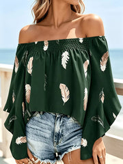 Printed Off Shoulder Blouse in Blue with smocked