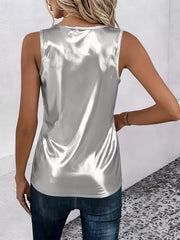 Elegant silver satin crisscross tank top with a round neckline.