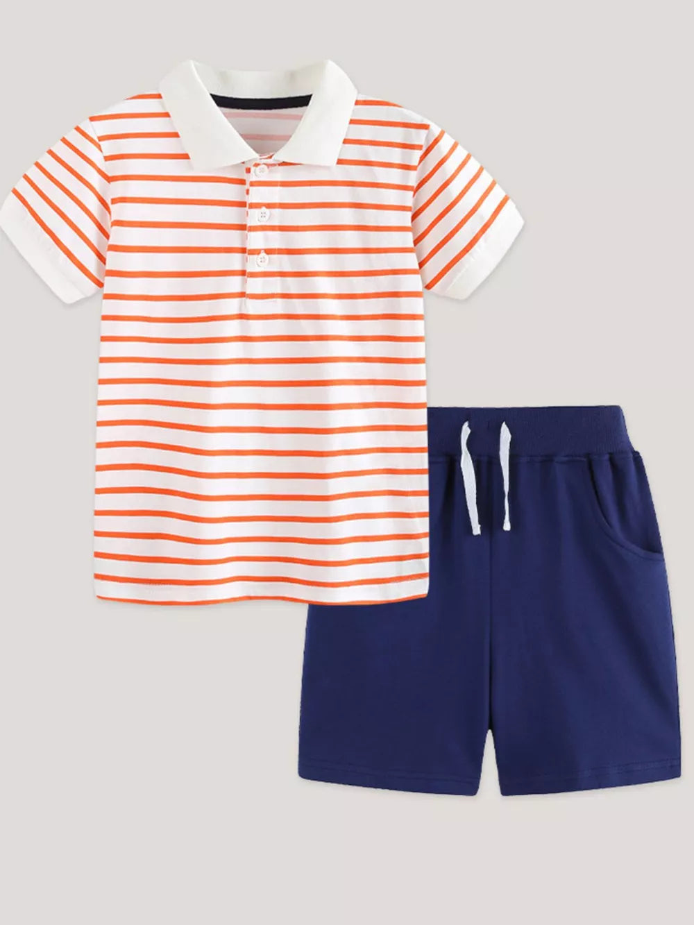 Baby boys orange and white striped polo shirt with navy shorts.